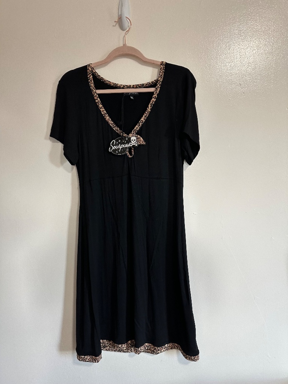 Sourpuss Black T Shirt Dress with Leopard Trim and Bow, XXL